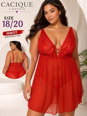 NWOT Cacique Red Lace Babydoll 18/20 Plus Size Sheer Romantic Lingerie